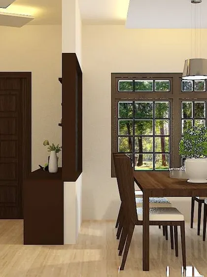 A simple and elegant dining room concept with a dark wood table and chairs, perfect for a classic and timeless home design.