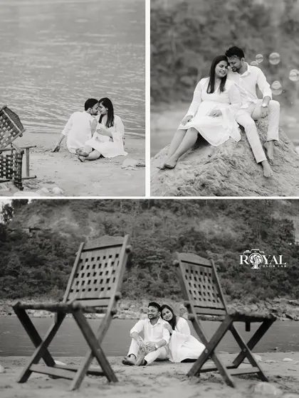 A black and white collage showing a couple's picnic-style setup by the river, capturing intimate and relaxed moments.