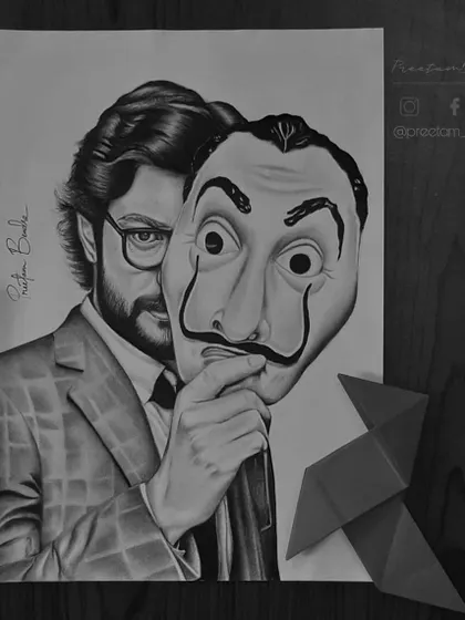 The mastermind himself, El Professor from Money Heist. This photorealistic portrait, which took 96 hours, was a challenge to capture his intelligence and mystery behind the iconic Dali mask.