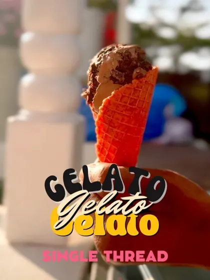 A stylized shot of our gelato, with bold text overlaying the image. This modern, graphic approach highlights the fun and vibrant personality of our gelato station.