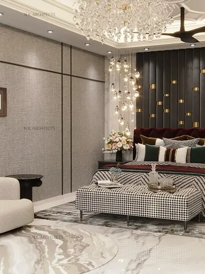 We believe in creating the perfect balance of function and elegance. This bedroom design blends a rich color palette with a stunning cascade of lights behind the bed, creating a dramatic yet comfortable atmosphere.