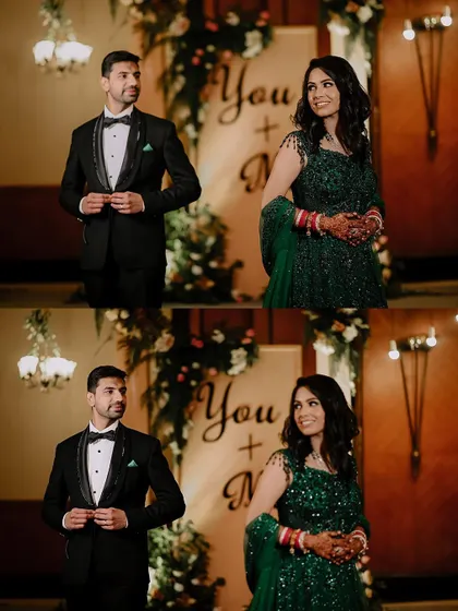 The couple posing in front of a "You + Me" sign, a perfect backdrop for their reception.