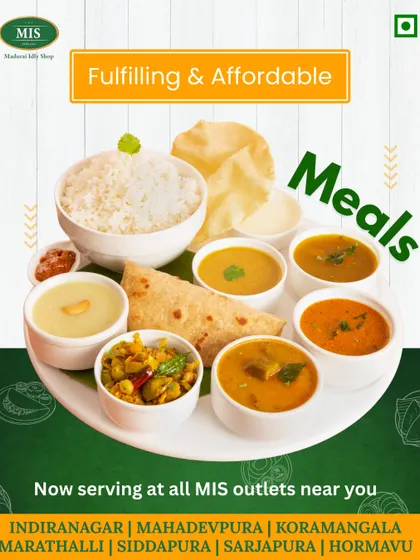 A fulfilling and affordable meal option. This plate showcases the variety included in our South Indian thali, from rice and chapati to a selection of our daily curries.