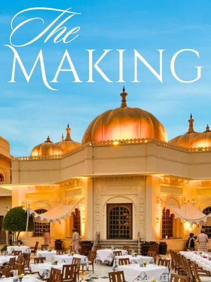 "The Making." This image captures the grandeur of the Udaivilas courtyard being prepared for an evening of celebration. It shows the scale of the venue and the beginning of its transformation.