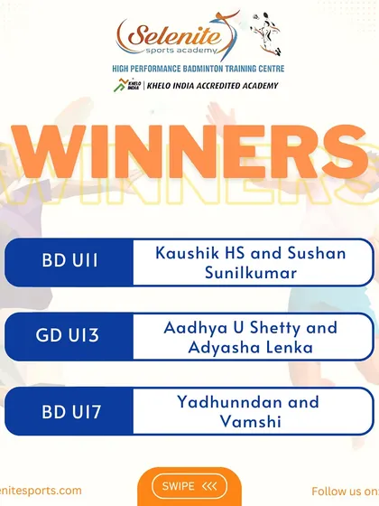 Winners at the PSM Open Junior Tournament. Gold for Kaushik & Sushan (U-11 BD), Aadhya & Adyasha (U-13 GD), and Yadhunndan & Vamshi (U-17 BD).