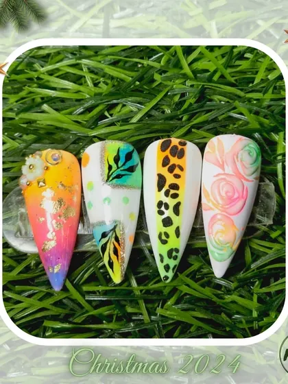 A collection of various nail art designs, from abstract and animal prints to delicate florals and 3D textures, all beautifully framed for the Christmas season.