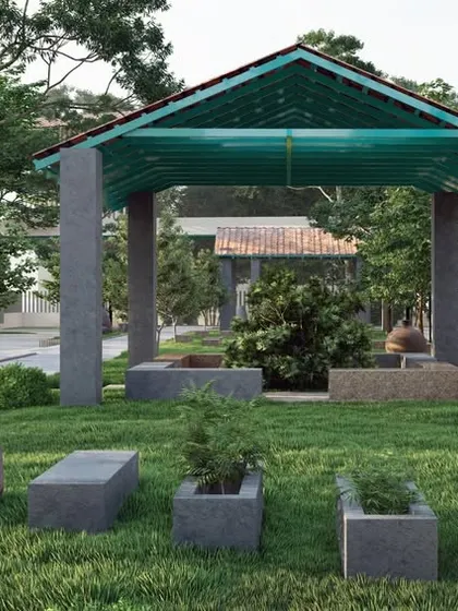 A render of a shaded seating area within the park, using simple pillar-and-roof structures to create comfortable, cool spots for relaxation.