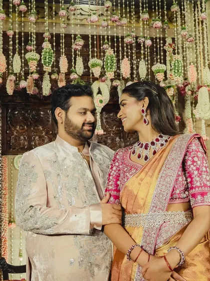 Manisha and Vansh at her Pelikuthuru ceremony. She wears a stunning Jayanti Reddy saree in bright, beautiful colors that perfectly complement her skin tone.