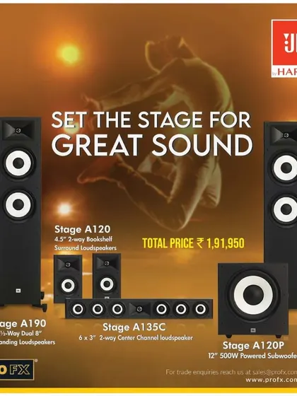 Set the stage for great sound with the JBL Stage Speaker Series package. This bundle includes Stage A190 floor-standing speakers, A120 bookshelf surrounds, an A135C center channel, and a powerful A120P subwoofer for a complete and thrilling home theater.