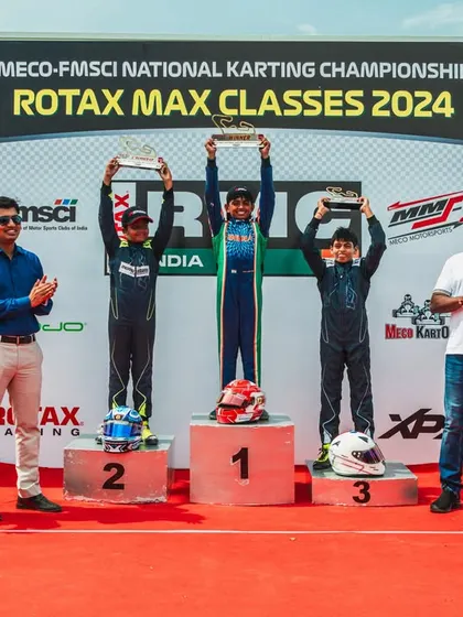 The Junior Max podium winners at Round 3 of the 2024 National Karting Championship in Coimbatore.