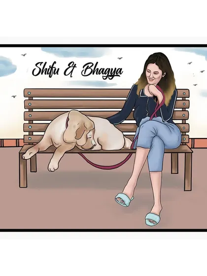 I create heartwarming digital illustrations of people with their beloved pets. This piece captures a quiet moment between a woman and her dog, making for a truly personal keepsake.