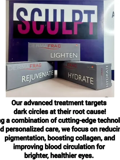 We use advanced technology like Dermafrac with specialized serums to target dark circles at their root cause. This image showcases our 'Lighten', 'Rejuvenate', and 'Hydrate' serums, which we use to reduce pigmentation and boost collagen for healthier-looking eyes.
