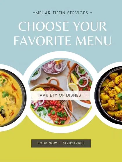 You can customize your menu for any event. This graphic shows some of our popular dishes like shahi paneer, mix veg, and jeera aloo that you can choose from.