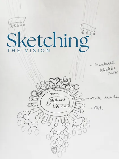 Sketching the vision for a new masterpiece. This drawing shows our plan to combine various old pieces into a grand temple-style haar, complete with notes on kundan and khakha moti.