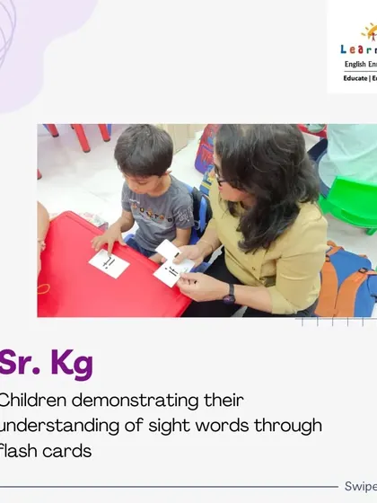 Flashcards are a simple yet powerful tool for reinforcing learning. Here, a Senior KG student is demonstrating her understanding of sight words with her teacher, getting personalized attention to ensure she masters these important words.