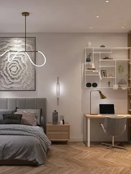 A serene bedroom that incorporates a dedicated study area. The custom bookshelf and desk unit in natural wood tones provide a beautiful and practical workspace without compromising the room's restful atmosphere.