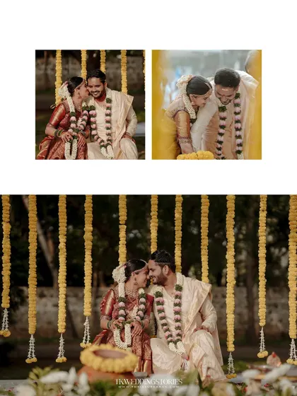 A collage of a couple during their wedding ceremony, seated amidst beautiful marigold decorations.