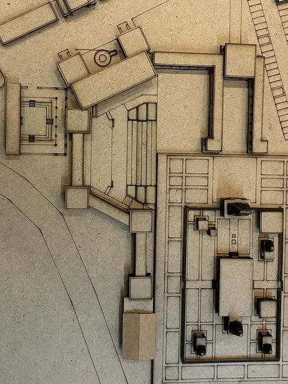 This detailed view of the architectural model shows the intricate planning of the temple's core and surrounding pathways.