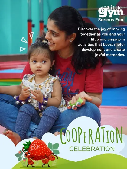A series of photos showing parents and children engaged in activities that boost motor development and create joyful memories, from using musical instruments to sitting together in a circle.