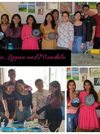 A collage capturing the fun of our resin, lippan, and mandala workshops. Here you can see groups of happy participants with their finished pieces, showing the variety of art forms we explore.