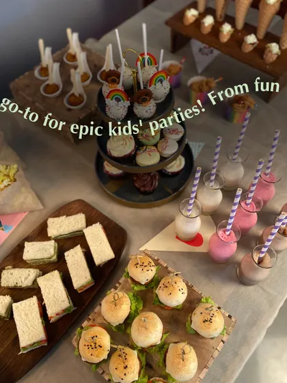 Our go-to for epic kids' parties. This spread includes mini sandwiches, sliders, and colorful milkshakes, offering a variety of kid-friendly options that are both delicious and visually appealing.