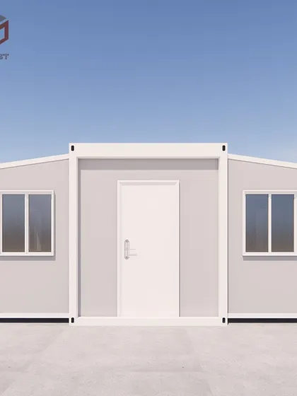 A front-on view of the expandable container house. The symmetrical design with a central door and flanking windows gives it a classic, welcoming appearance.