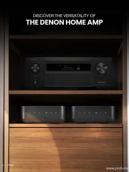 Discover the versatility of the Denon Home Amp. This image shows how its compact design allows it to fit perfectly within custom cabinetry, powering a sophisticated and discreet home audio system.