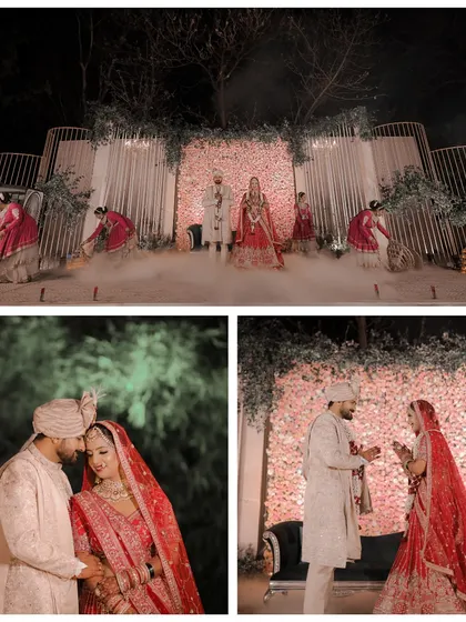 This series of images showcases the key moments of the wedding stage. From the grand, smoke-filled entry to the intimate ring exchange and a romantic couple portrait, we document the entire narrative of your stage ceremony.
