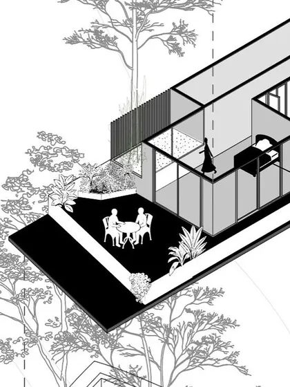 Architectural axonometric drawings are a pivotal tool for bridging two-dimensional plans and three-dimensional reality. This black and white illustration of a villa on a sloping site in Goa provides a clear, technical visualization of the design for everyone involved.