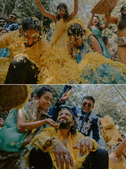 More fun from the Haldi, with friends and family playfully applying turmeric to the groom. These photos are full of life and happy memories.