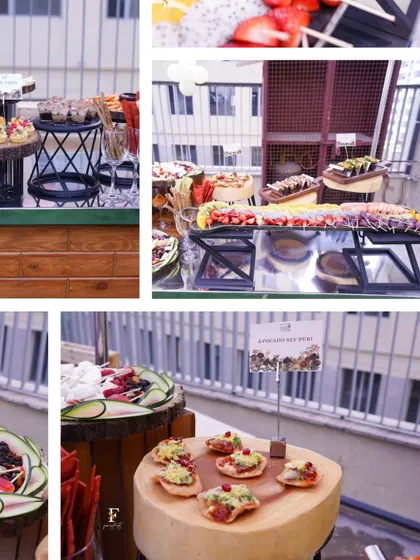 Another collage showcasing a complete event spread. You can see our Avocado Sev Puri, fruit skewers, and other appetizers arranged on a multi-level display for a dynamic presentation.