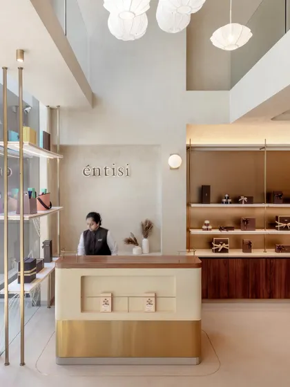 The reception counter at Entisi combines a terrazzo-finish body with a warm wood top and a brushed brass base, establishing the store's material language right at the entrance. The double-height ceiling and minimalist pendant lights create a sense of scale and elegance.