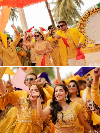 The energy at this Goa haldi was off the charts! Everyone dancing with colorful flags, fully embracing the lemon-scented chaos.