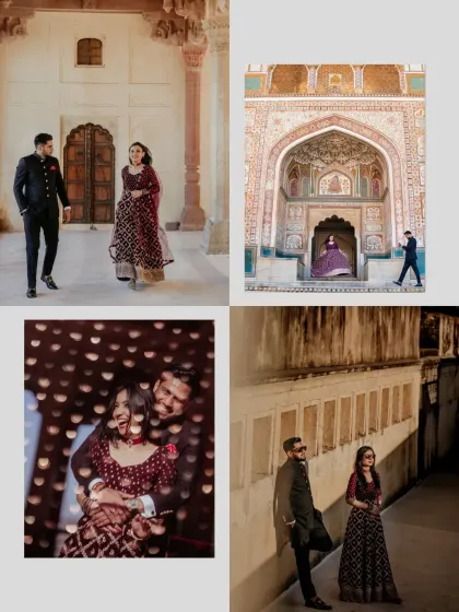 A collage showcasing the couple's interactions within the beautiful architecture of a Jaipur fort, playing with light and shadow.
