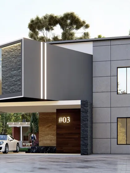 An identical frontal view of the modern home with the cantilevered car porch, showcasing the clean lines and material contrast.