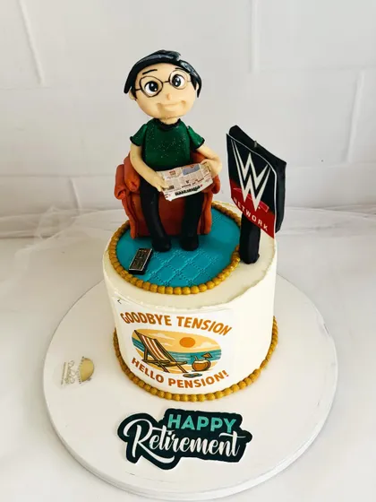 A full view of the detailed retirement cake, celebrating the beginning of a new, peaceful chapter.