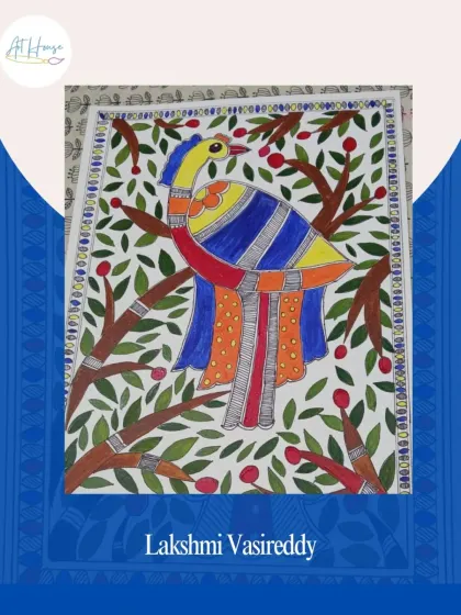 Lakshmi Vasireddy's take on the traditional Madhubani bird motif. The bold colors and clean lines make this a truly eye-catching piece.