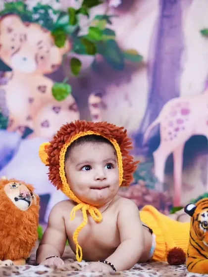 This little lion is posing with his plush tiger and lion friends.