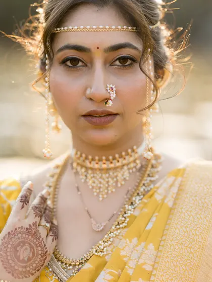 An intense and beautiful close-up, focusing on the bride's expressive eyes and traditional nath.