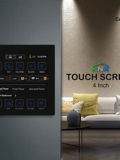 Even in a compact format, our 4-inch KNX touch screen offers comprehensive control. This panel is ideal for smaller rooms or secondary control points, allowing you to manage lighting, climate, security, and media across multiple floors from one location.