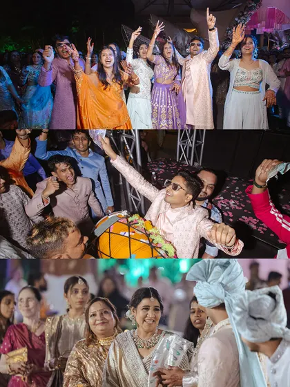 A collage capturing the high-energy moments from a wedding celebration, from the dance floor to the dhol players. It's all about creating a vibe of non-stop fun.
