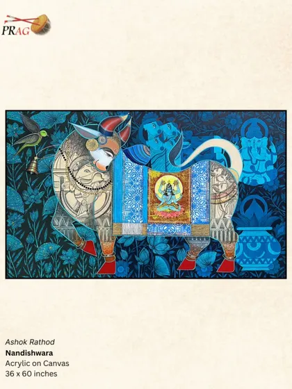 'Nandishwara' by Ashok Rathod, a majestic Nandi adorned with a depiction of Lord Shiva, symbolizing his role as the divine gatekeeper.