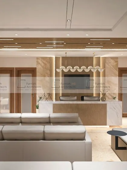 This is a waiting area we designed for a healthcare facility. We used comfortable seating, warm wood tones, and marble accents to create a calming and professional environment for patients and their families.