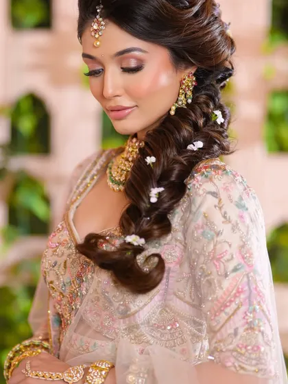 This image showcases the intricate braided hairstyle adorned with small flowers, a beautiful option for a sangeet or mehendi ceremony.