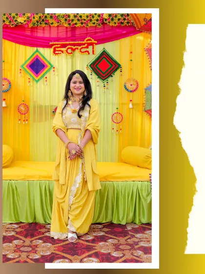 A classic portrait of the bride at her Haldi, with a clean, graphic-design-inspired presentation.