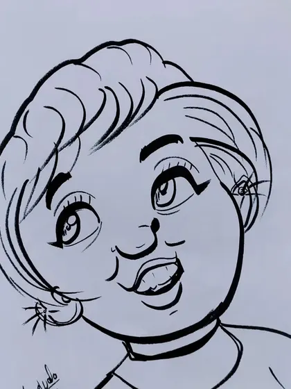 A cute and funny caricature. The exaggerated features give this portrait a lot of character.