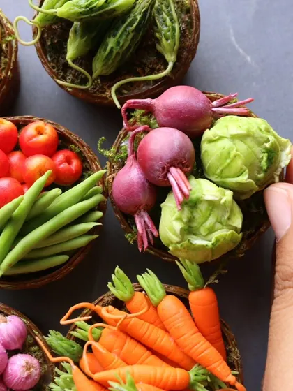 Another angle of the vegetable baskets, showing the detail in the beetroot and cabbage.