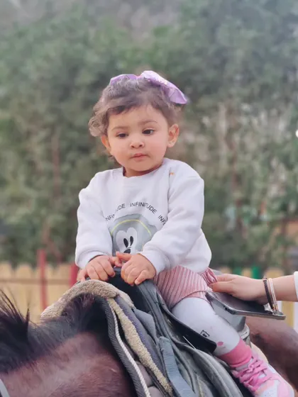 We ensure a safe and delightful experience for even our youngest guests. This photo captures a toddler's first interaction with one of our gentle horses, making for a precious family memory.