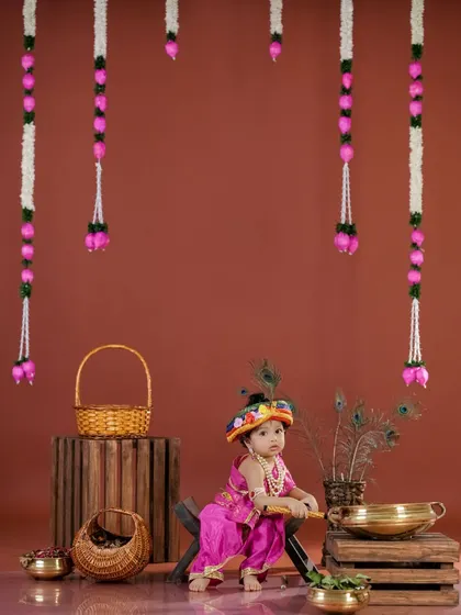 A sweet little Krishna sitting on a stool, surrounded by festive decorations.