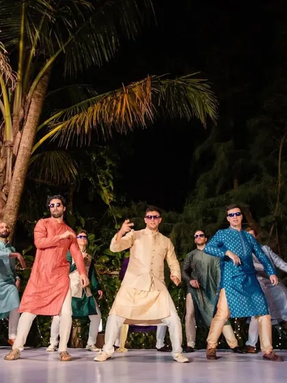 A dynamic shot of the groomsmen, who went from non-dancers to a full-on Bollywood troupe.